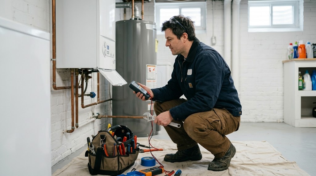 Heating technician servicing a modern gas boiler in a Maspeth basement