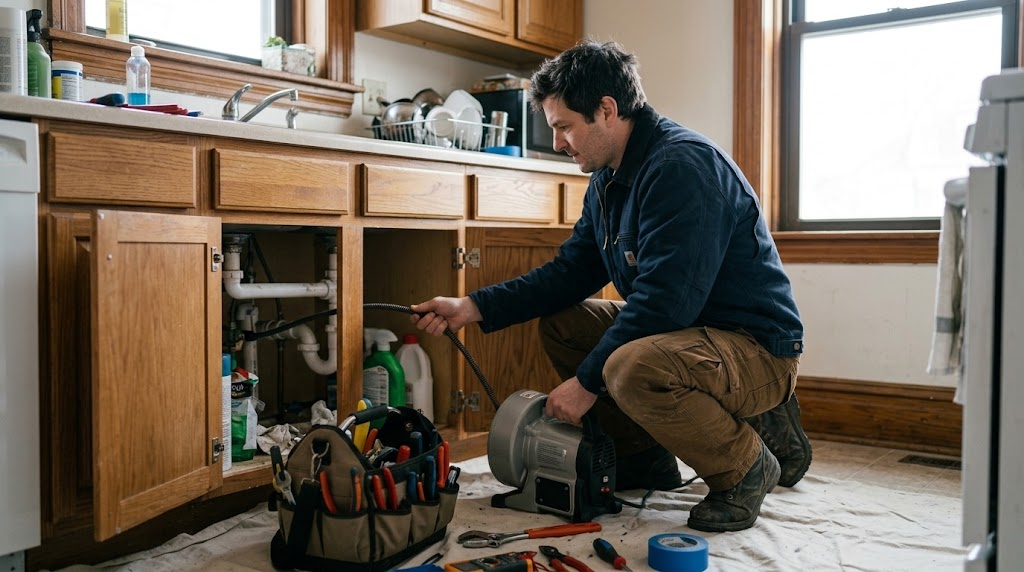 Plumbing technician utilizing motorized drain cleaning equipment under a kitchen sink in Queens