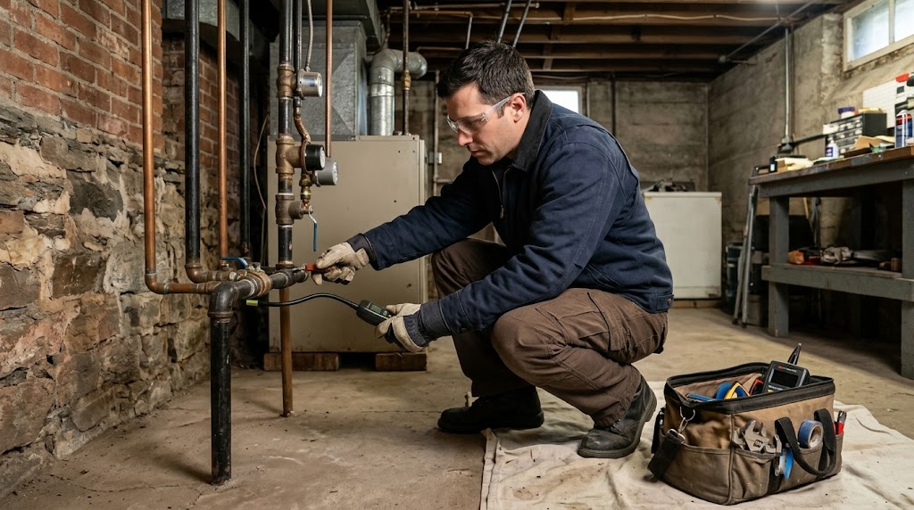 Licensed plumbing technician performing a gas line repair and inspection in Queens