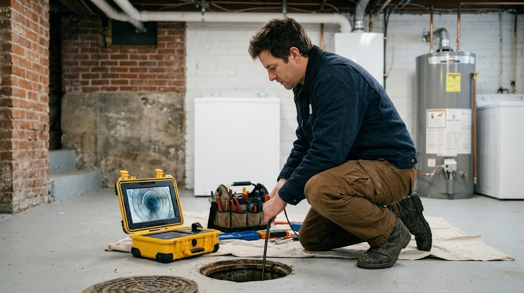 Plumbing technician conducting a sewer line repair and inspection in Queens