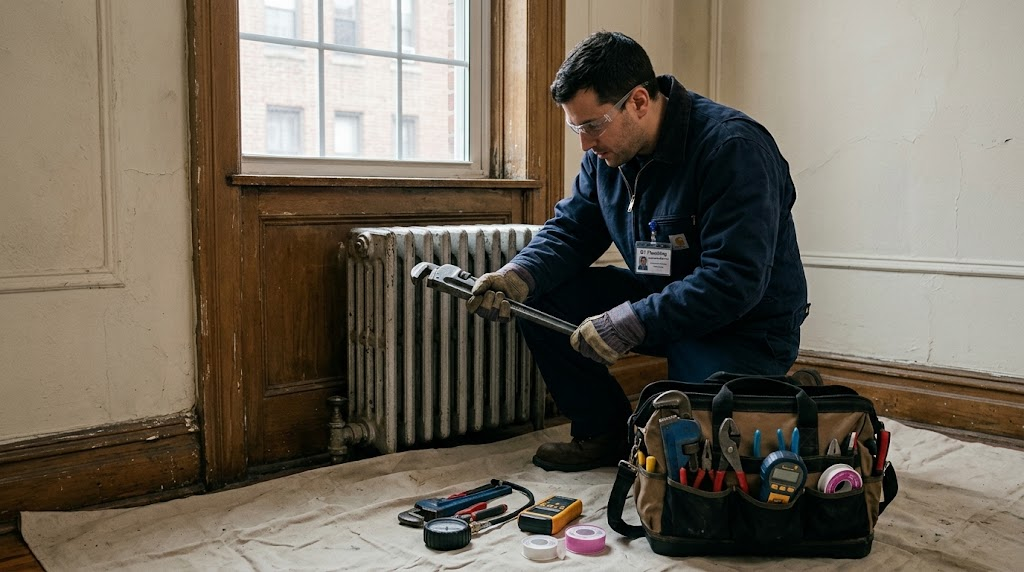 Heating technician repairing a brass steam radiator valve in a Queens residence