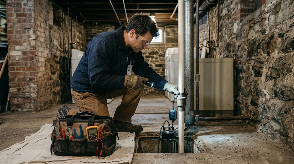 Plumbing technician inspecting a submersible sump pump in a residential basement pit