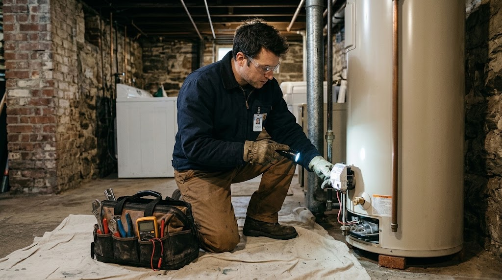 Heating technician diagnosing a residential gas water heater in a Maspeth basement